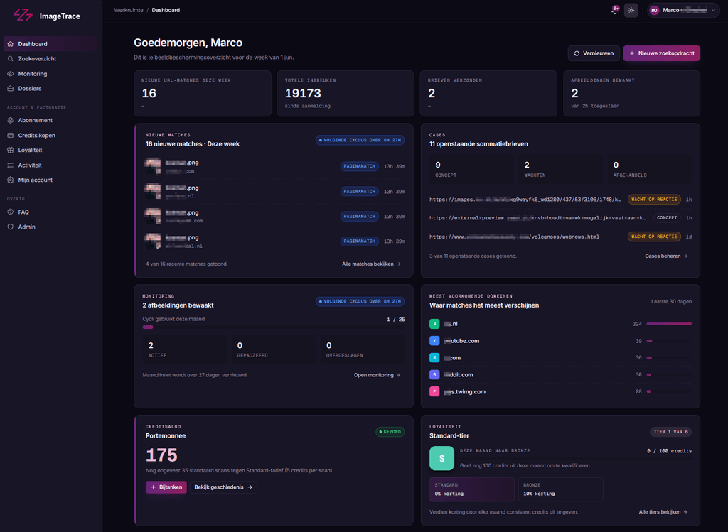 Het ImageTrace-dashboard met gevonden matches en bewijsmateriaal.